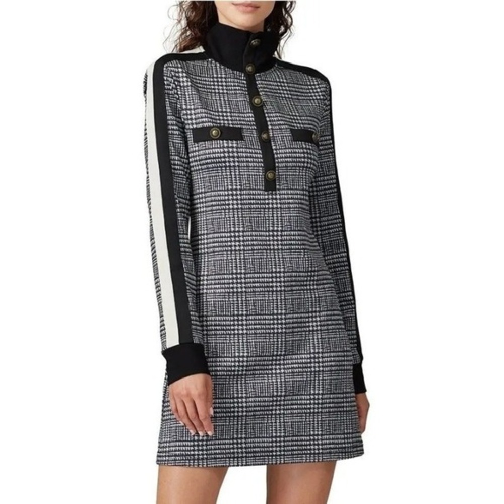 Pam & Gela Glen Plaid Check Mock Neck Shift Dress Large Black White Academia